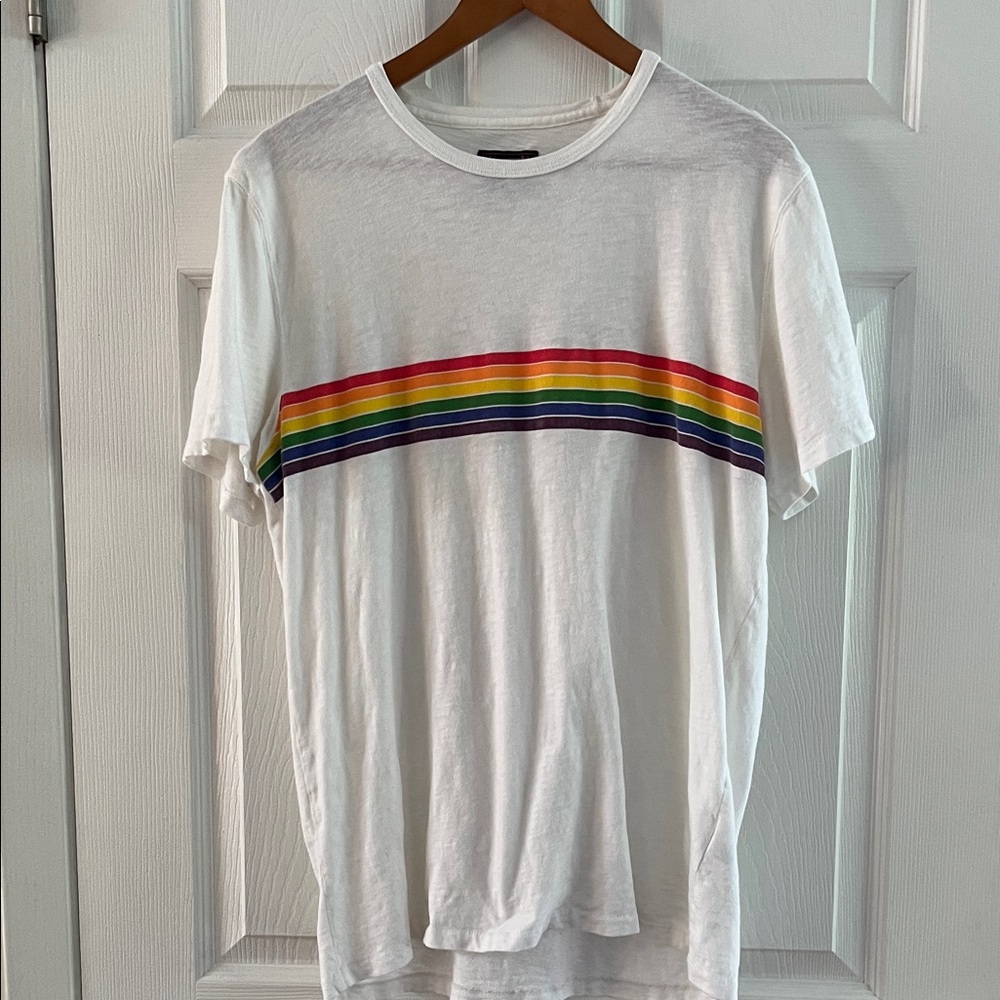 Abercrombie & Fitch White Tee with Rainbow Stripe Size L
